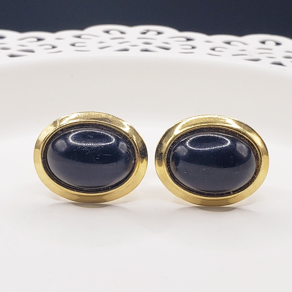 Vintage 80s Mens Black Stone On Gold Cuff Links